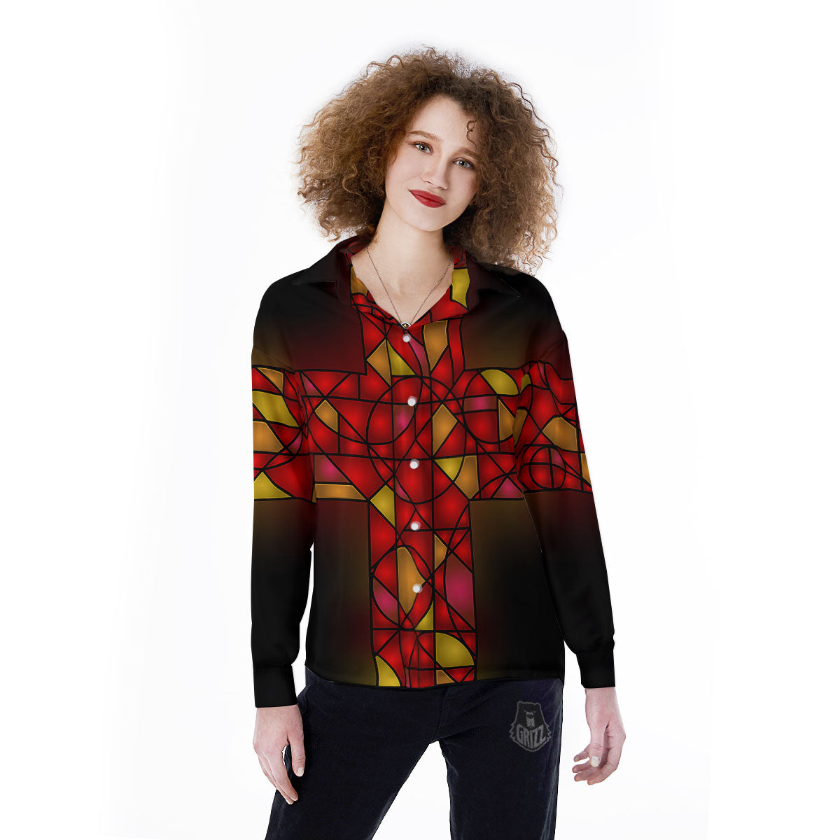 Red And Orange Cross Stained Glass Print Women's Long Sleeve Shirts-grizzshop
