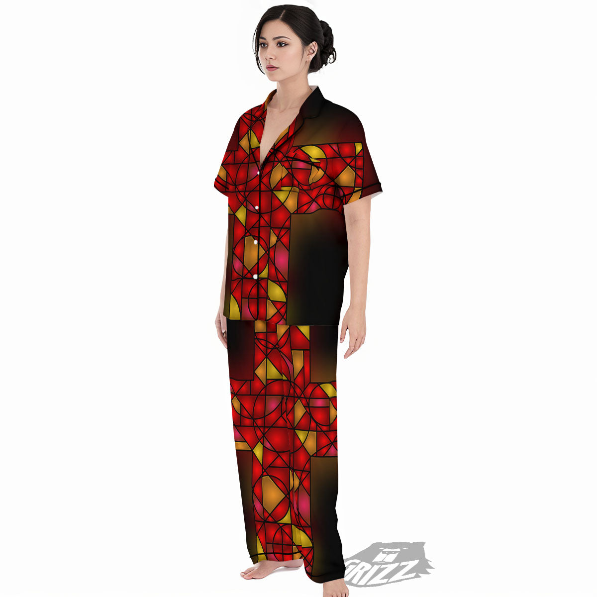 Red And Orange Cross Stained Glass Print Women's Pajamas Set-grizzshop