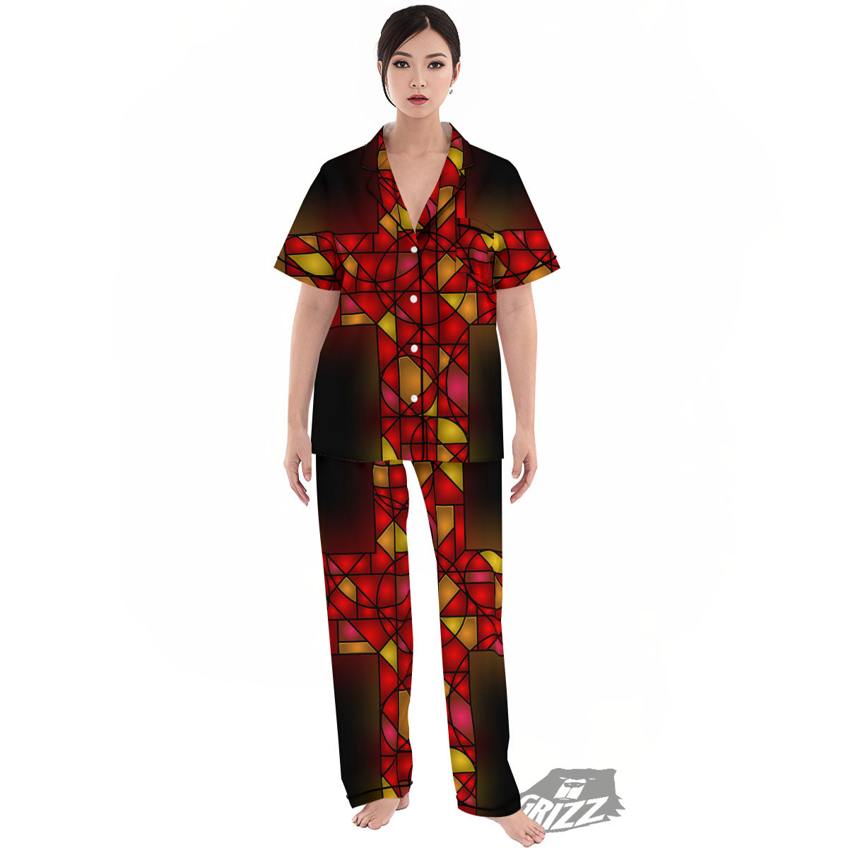 Red And Orange Cross Stained Glass Print Women's Pajamas Set-grizzshop