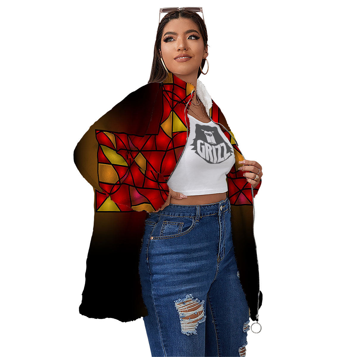 Red And Orange Cross Stained Glass Print Women's Sherpa Jacket-grizzshop