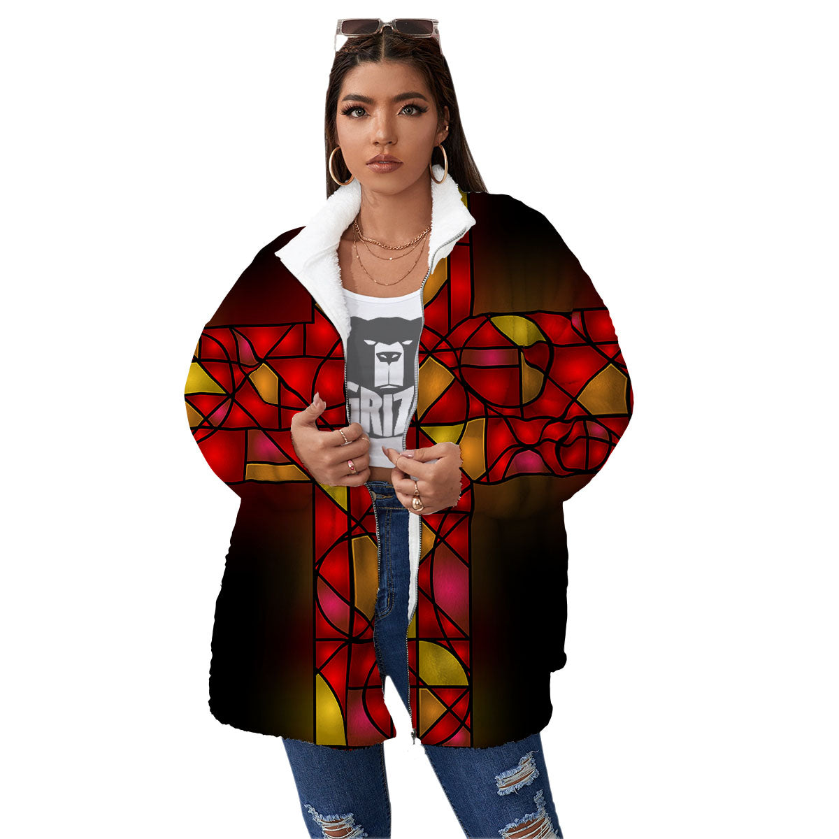 Red And Orange Cross Stained Glass Print Women's Sherpa Jacket-grizzshop