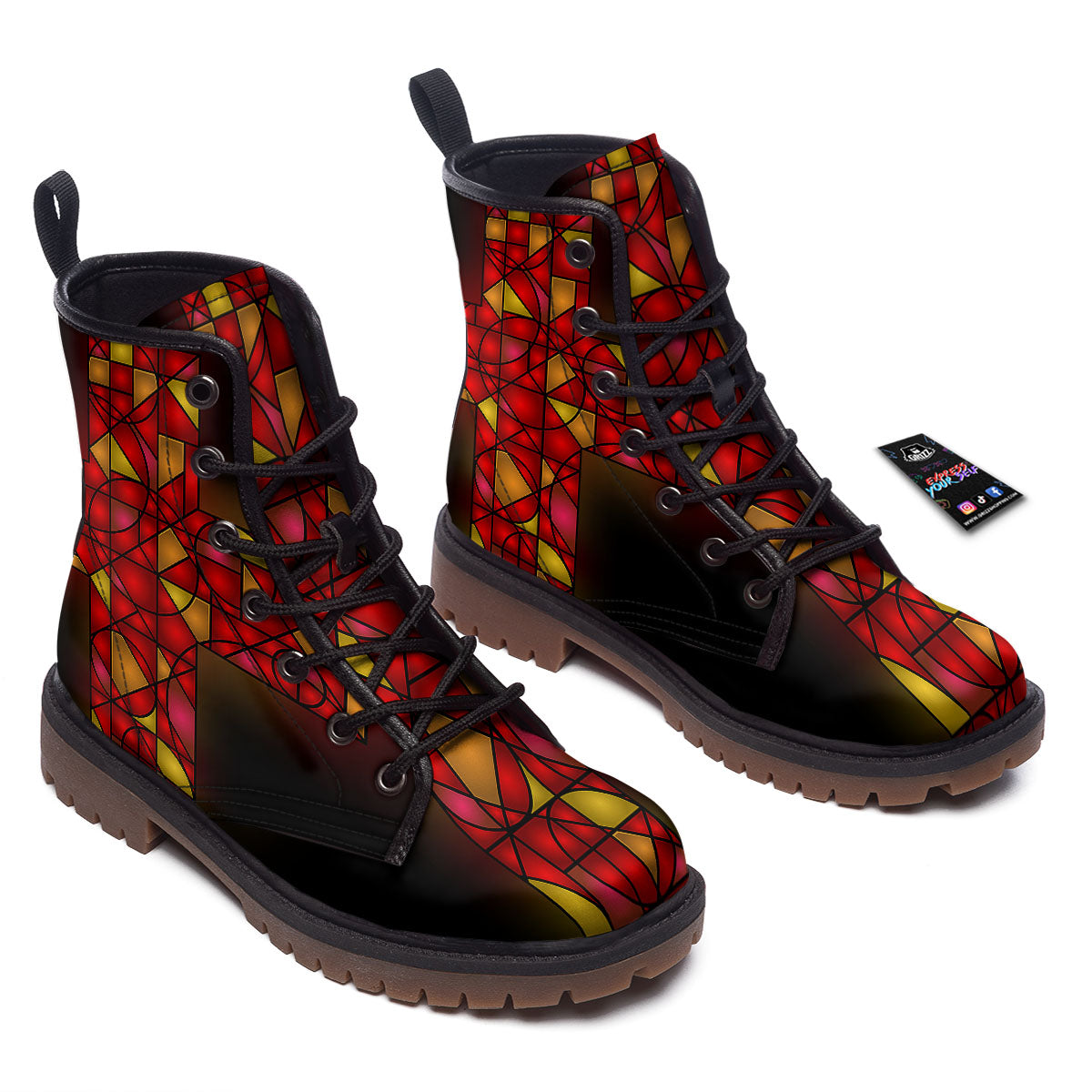 Red And Orange Cross Stained Glass Print Work Boots-grizzshop