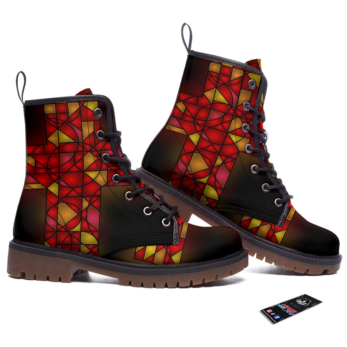 Red And Orange Cross Stained Glass Print Work Boots-grizzshop