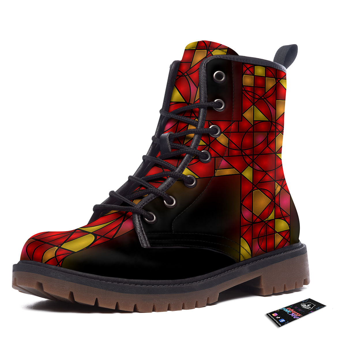 Red And Orange Cross Stained Glass Print Work Boots-grizzshop