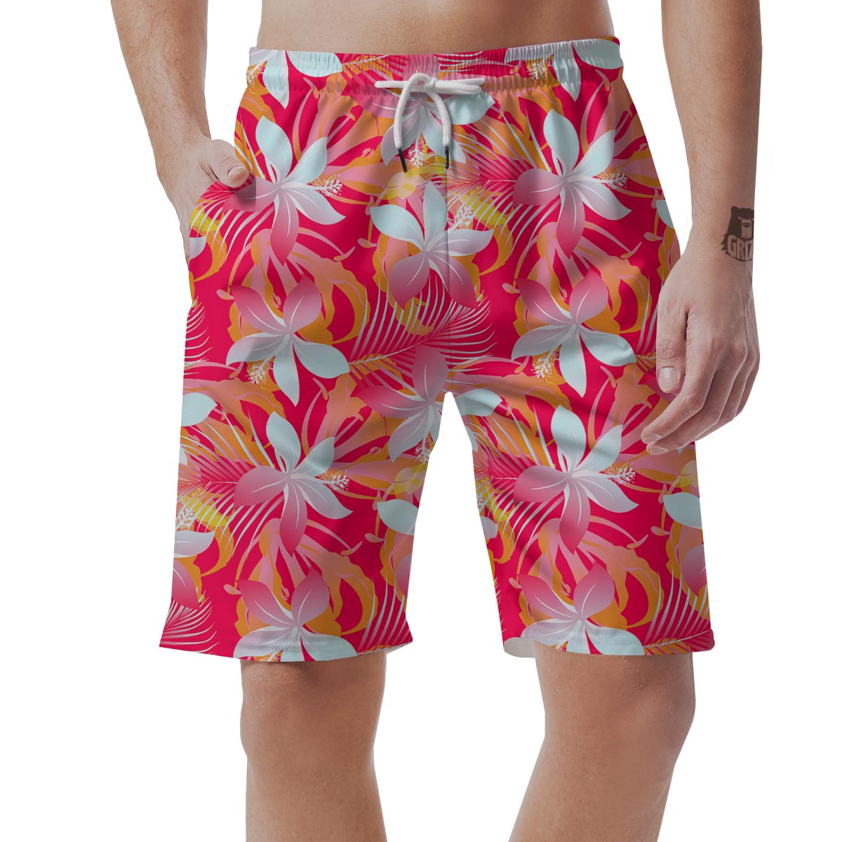 Red And Orange Hibiscus Hawaiian Print Men's Shorts-grizzshop