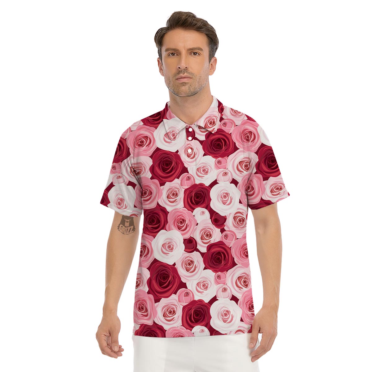 Red And Pink Rose Floral Men's Golf Shirts-grizzshop