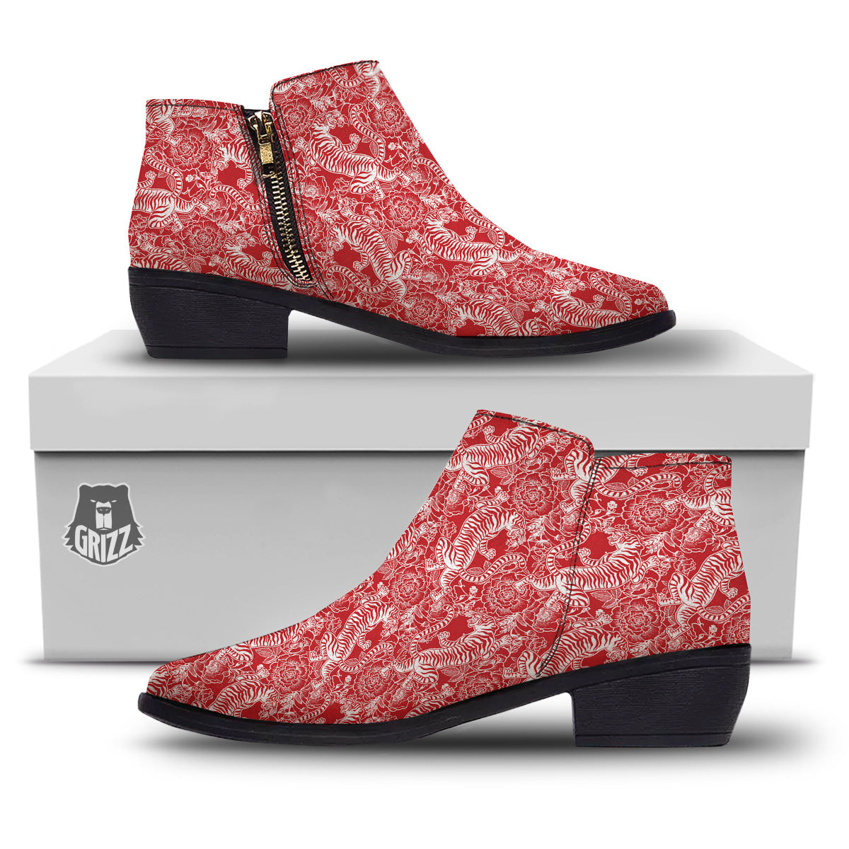 Red And White Chinese Tiger Print Pattern Ankle Boots-grizzshop
