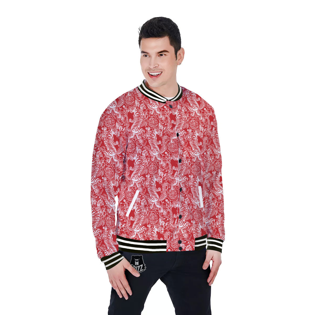 Red And White Chinese Tiger Print Pattern Baseball Jacket-grizzshop