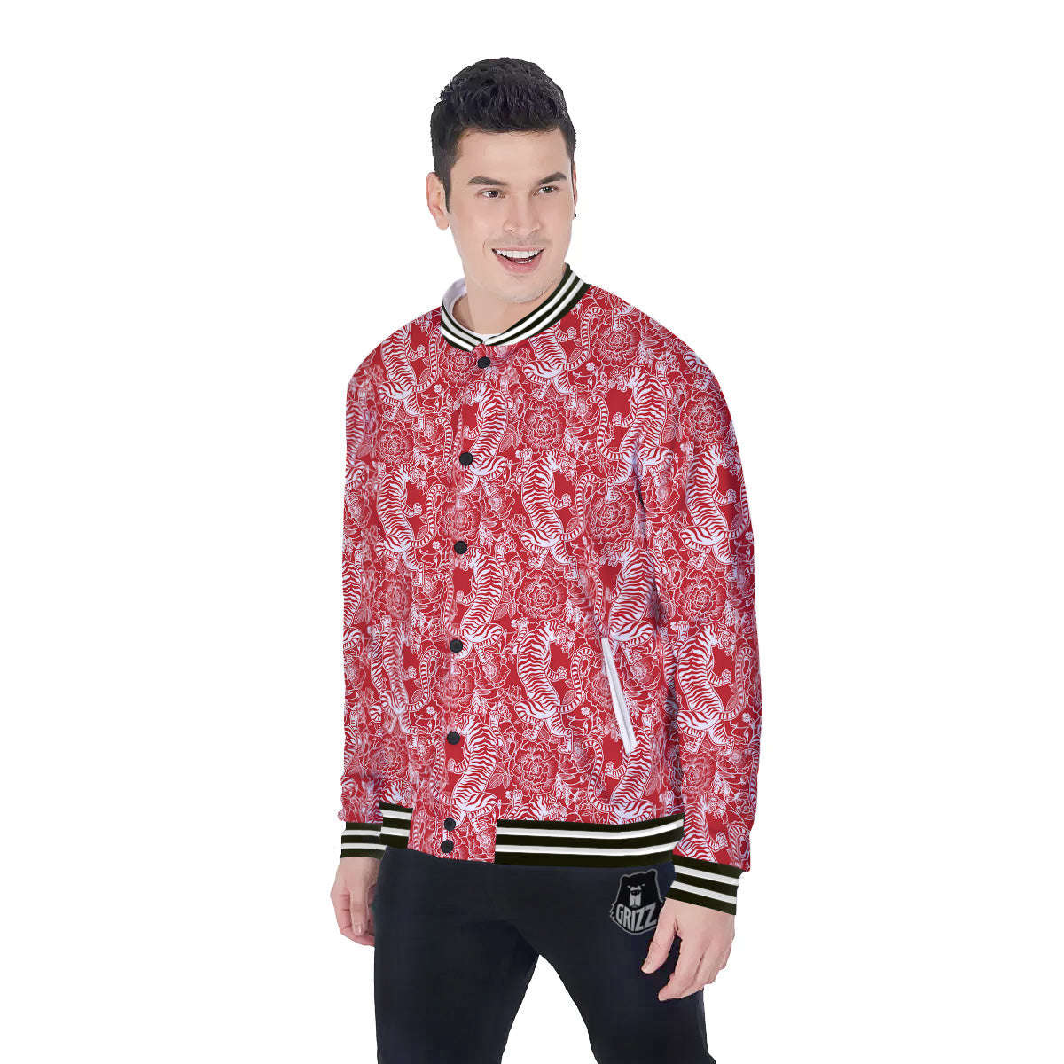 Red And White Chinese Tiger Print Pattern Baseball Jacket-grizzshop