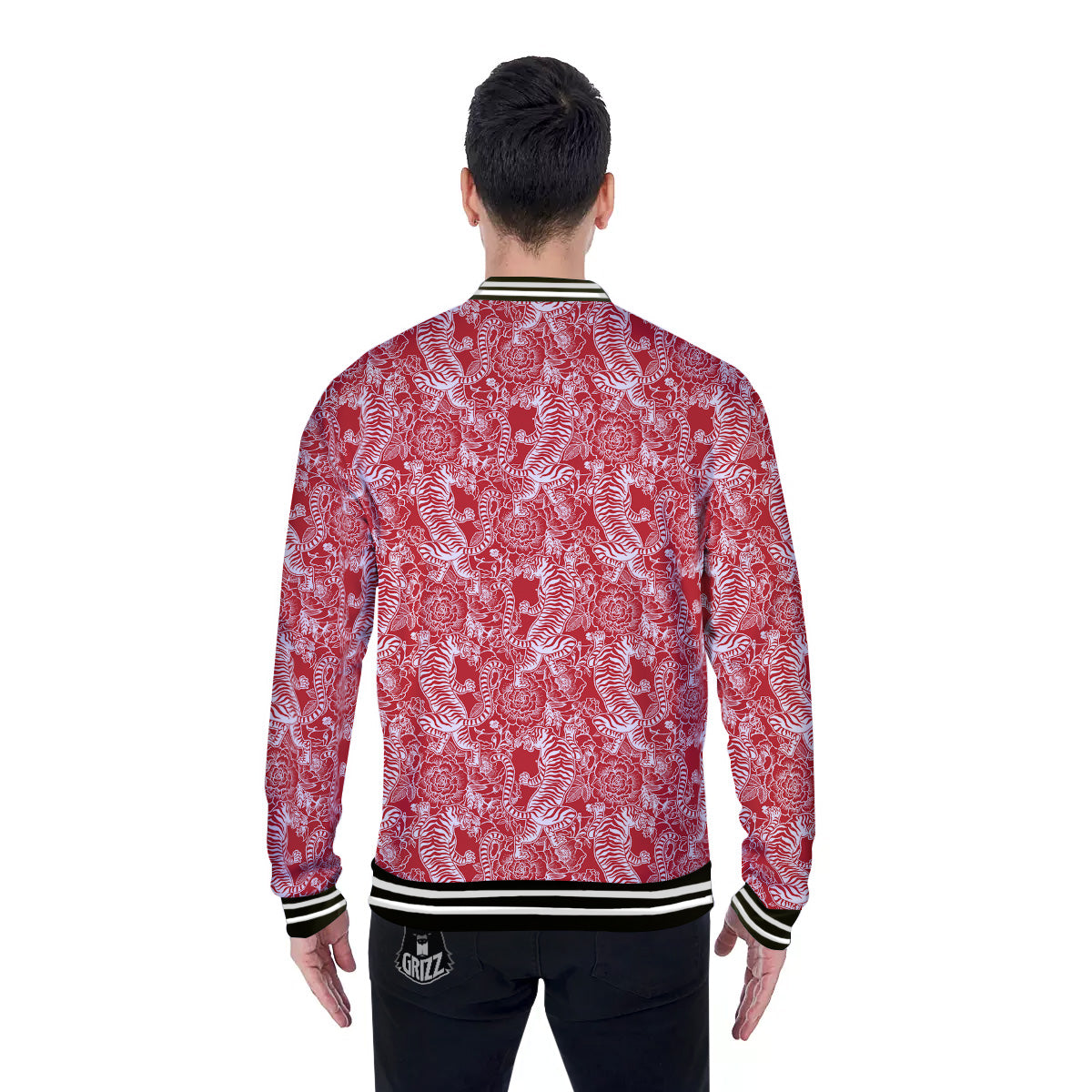 Red And White Chinese Tiger Print Pattern Baseball Jacket-grizzshop