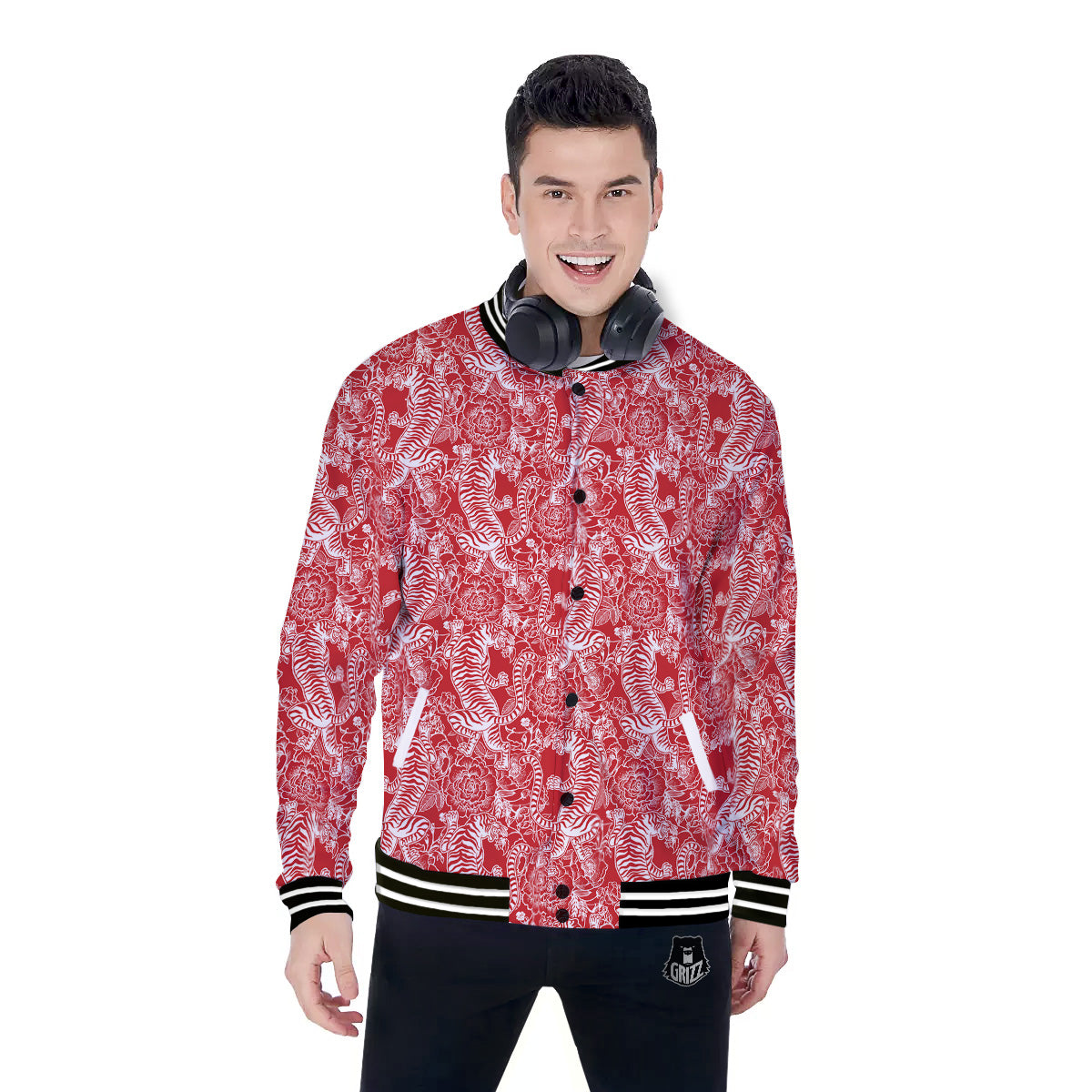 Red And White Chinese Tiger Print Pattern Baseball Jacket-grizzshop