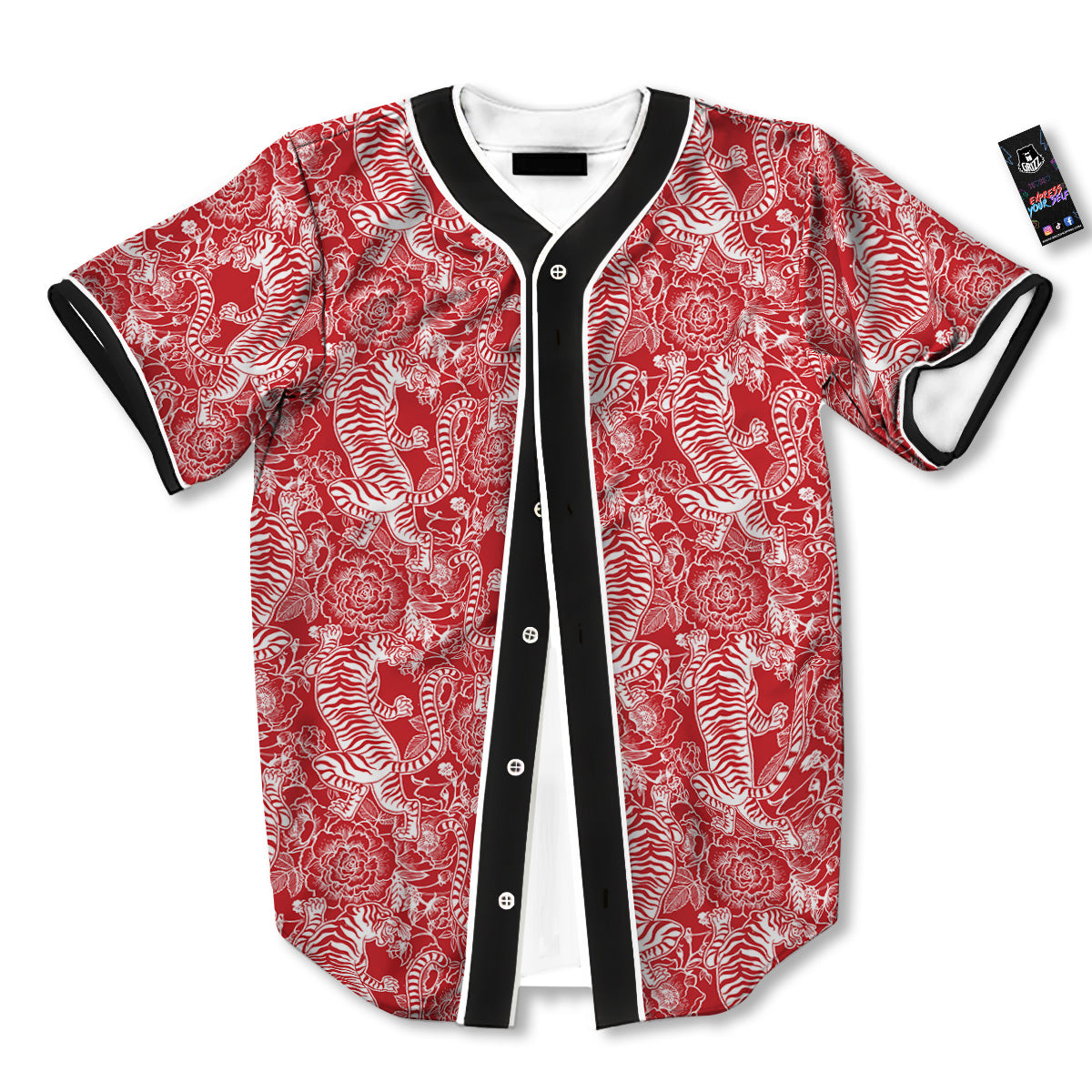 Red And White Chinese Tiger Print Pattern Baseball Jersey-grizzshop