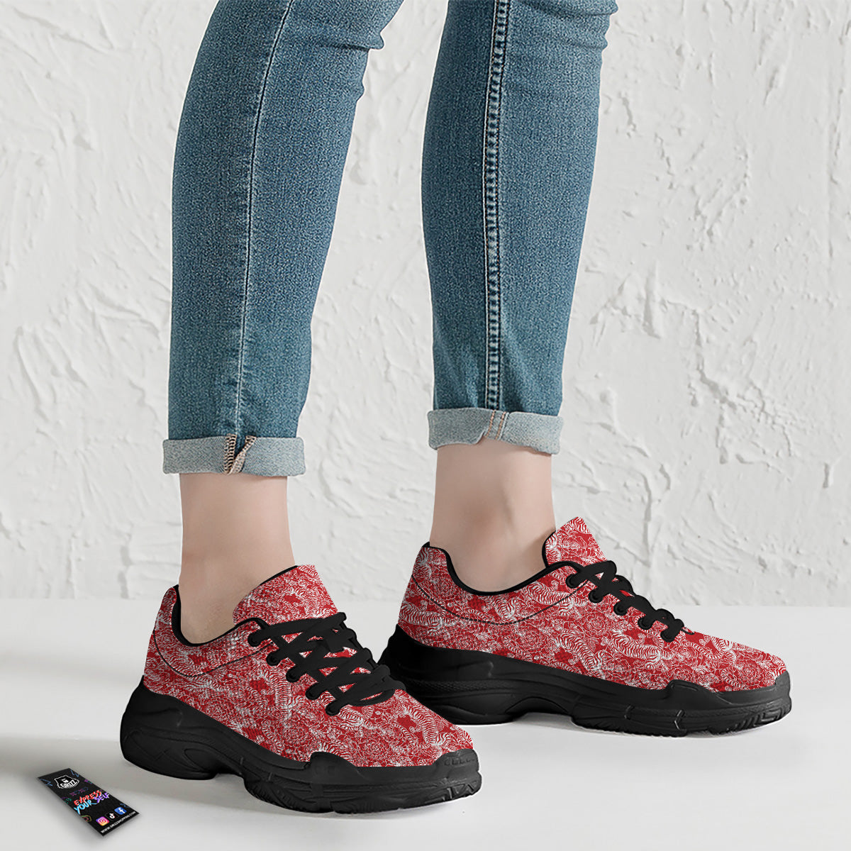 Red And White Chinese Tiger Print Pattern Black Chunky Shoes-grizzshop
