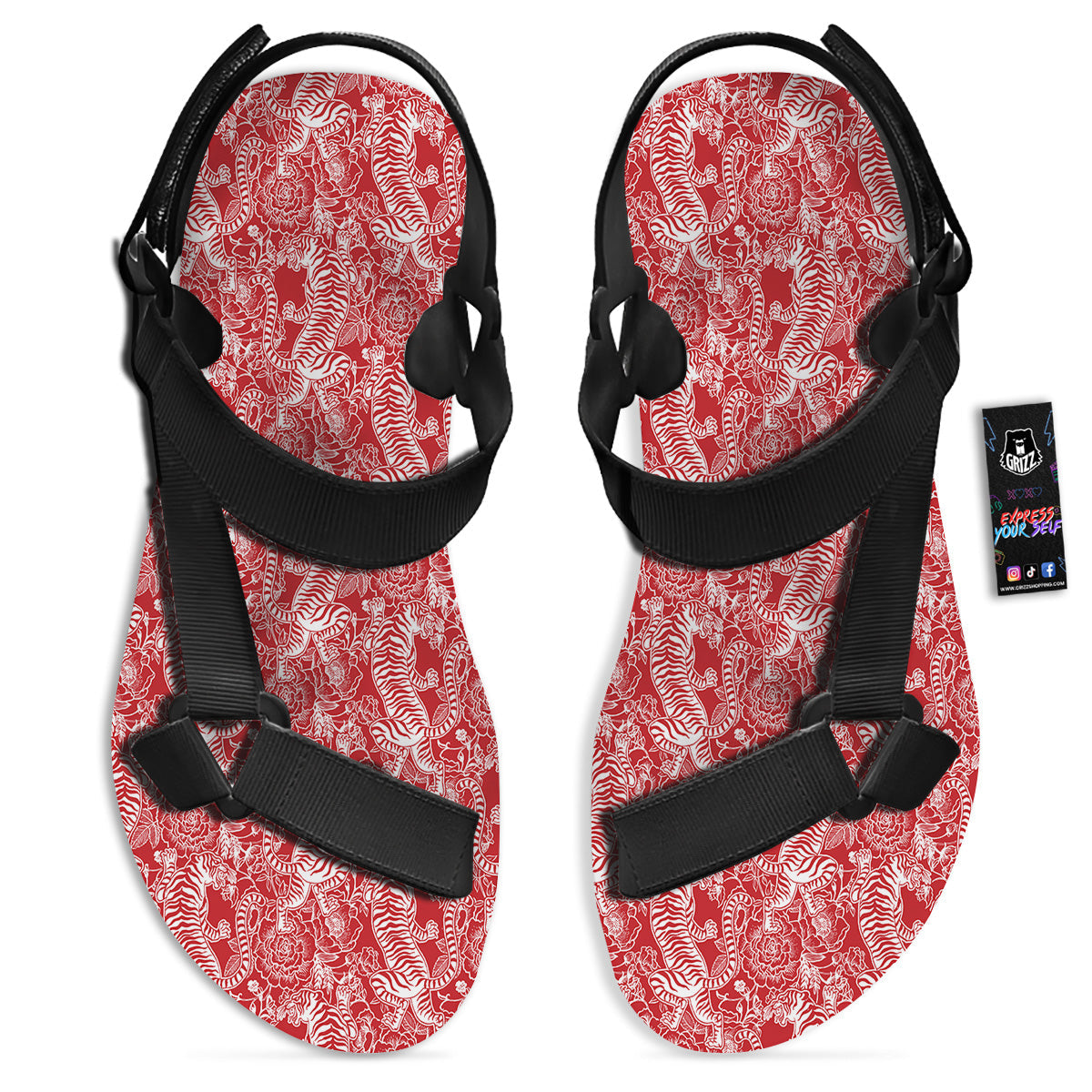 Red And White Chinese Tiger Print Pattern Black Open Toe Sandals-grizzshop
