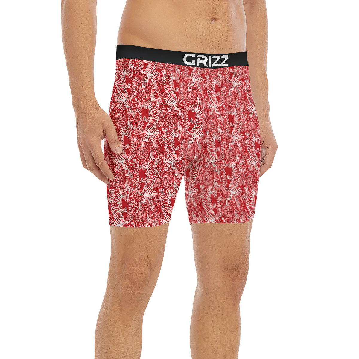 Red And White Chinese Tiger Print Pattern Boxer Briefs-grizzshop
