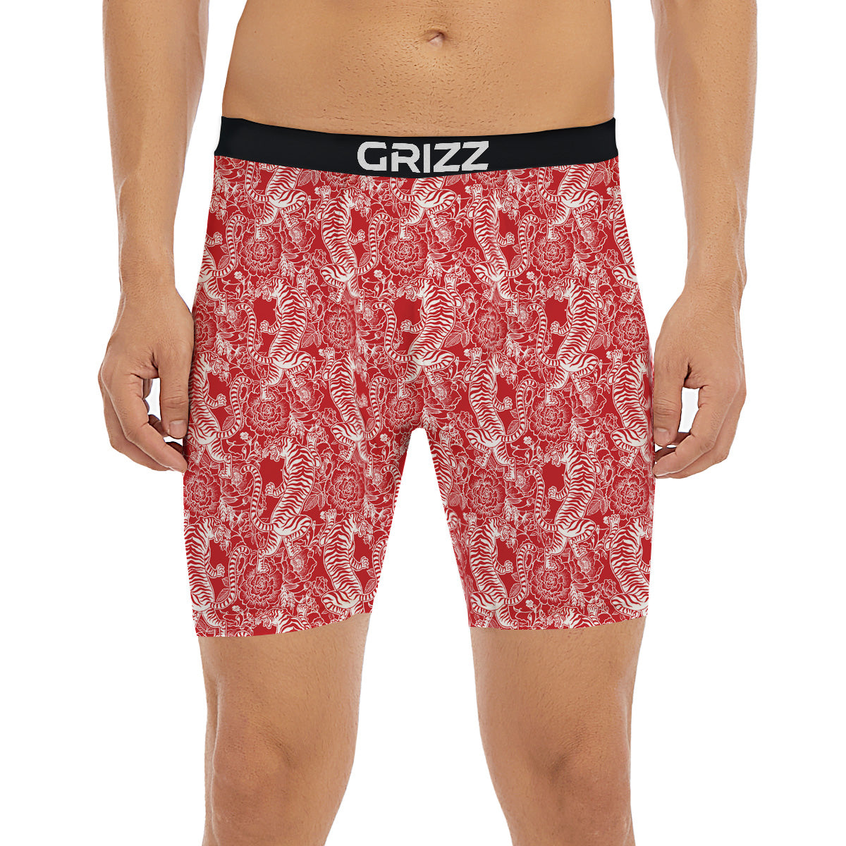Red And White Chinese Tiger Print Pattern Boxer Briefs-grizzshop