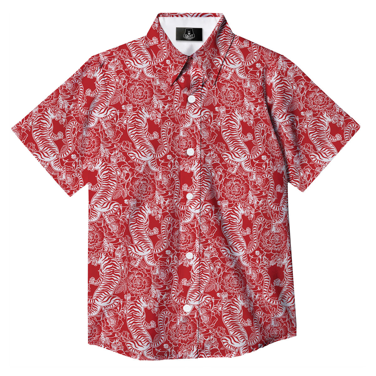 Red And White Chinese Tiger Print Pattern Button Up Shirt-grizzshop
