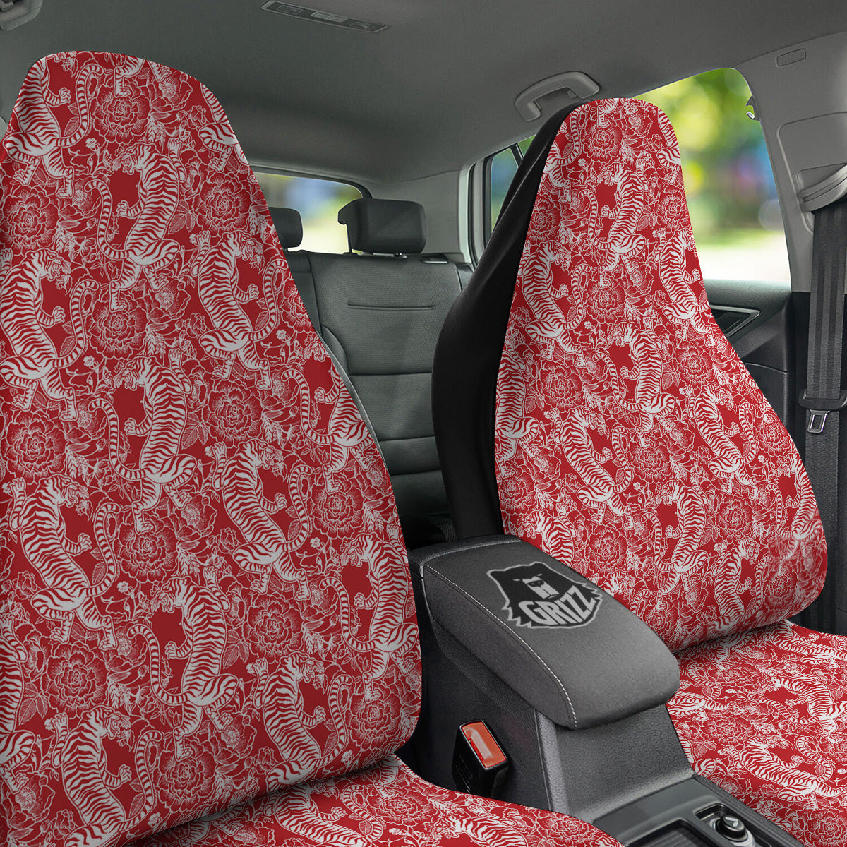 Red And White Chinese Tiger Print Pattern Car Seat Covers-grizzshop