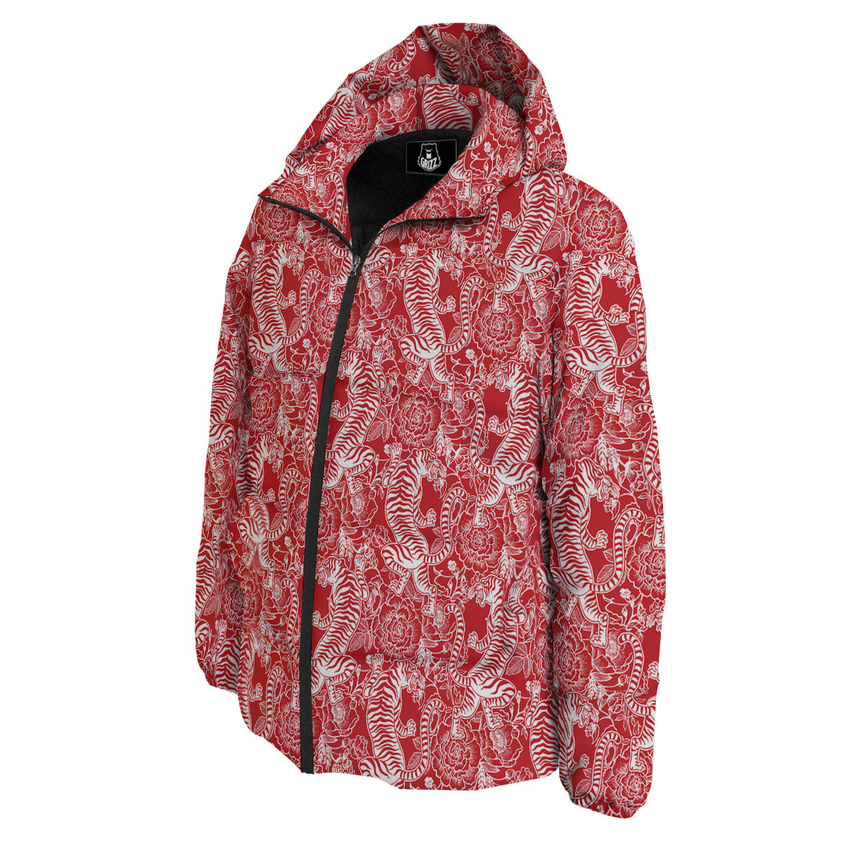 Red And White Chinese Tiger Print Pattern Down Jacket-grizzshop