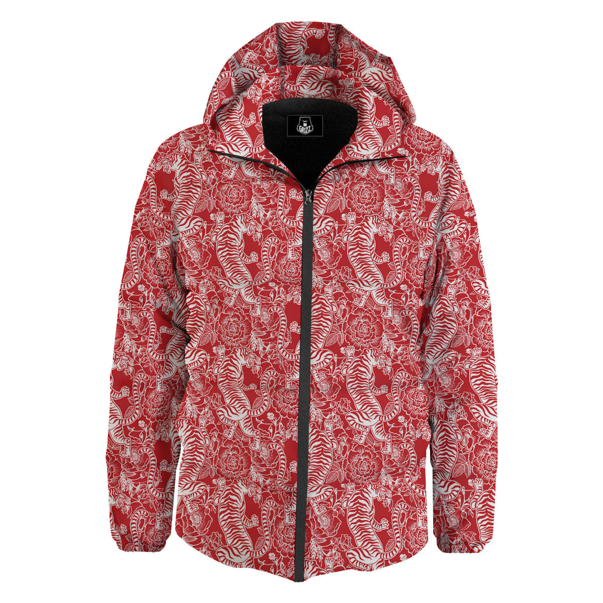Red And White Chinese Tiger Print Pattern Down Jacket-grizzshop