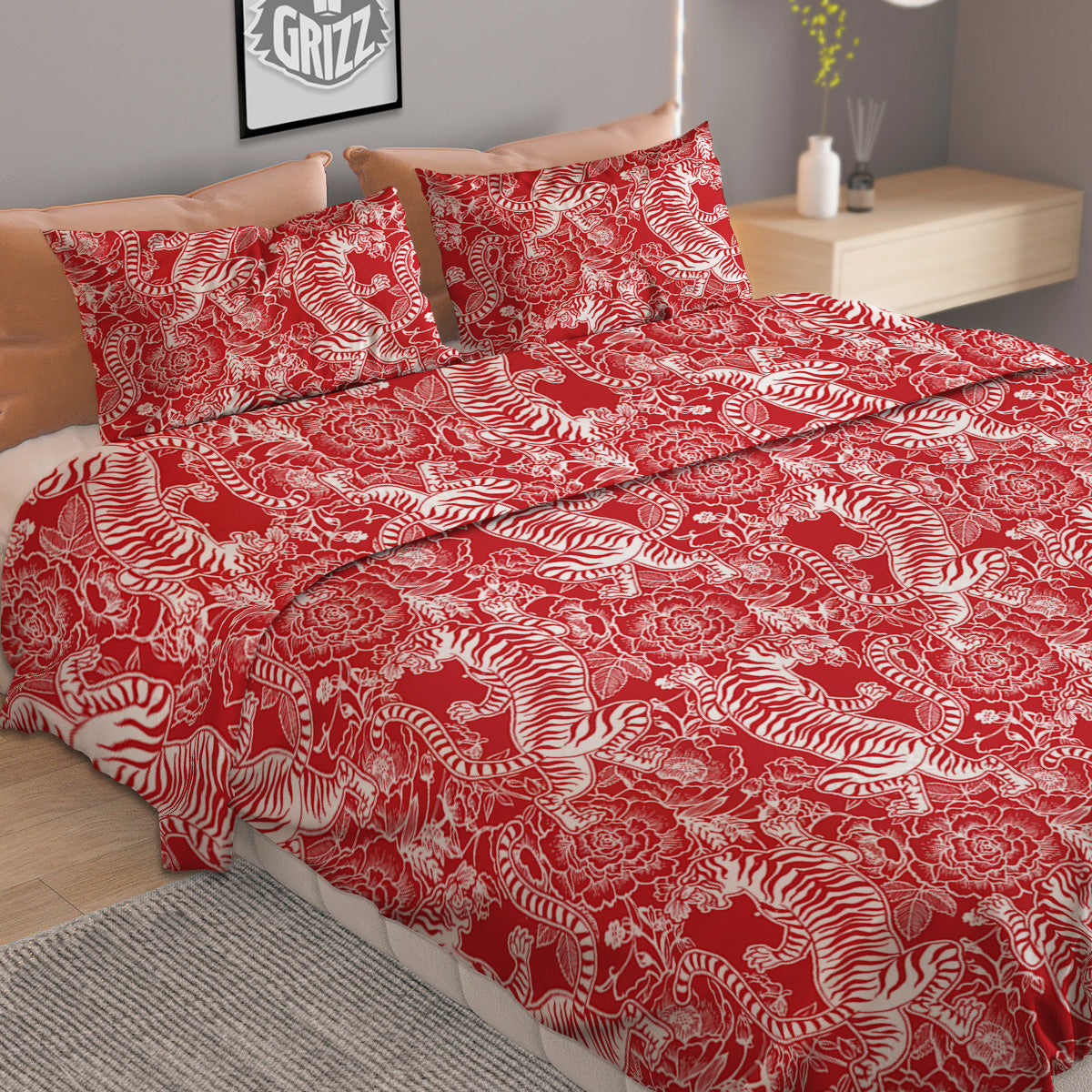 Red And White Chinese Tiger Print Pattern Duvet Cover Bedding Set