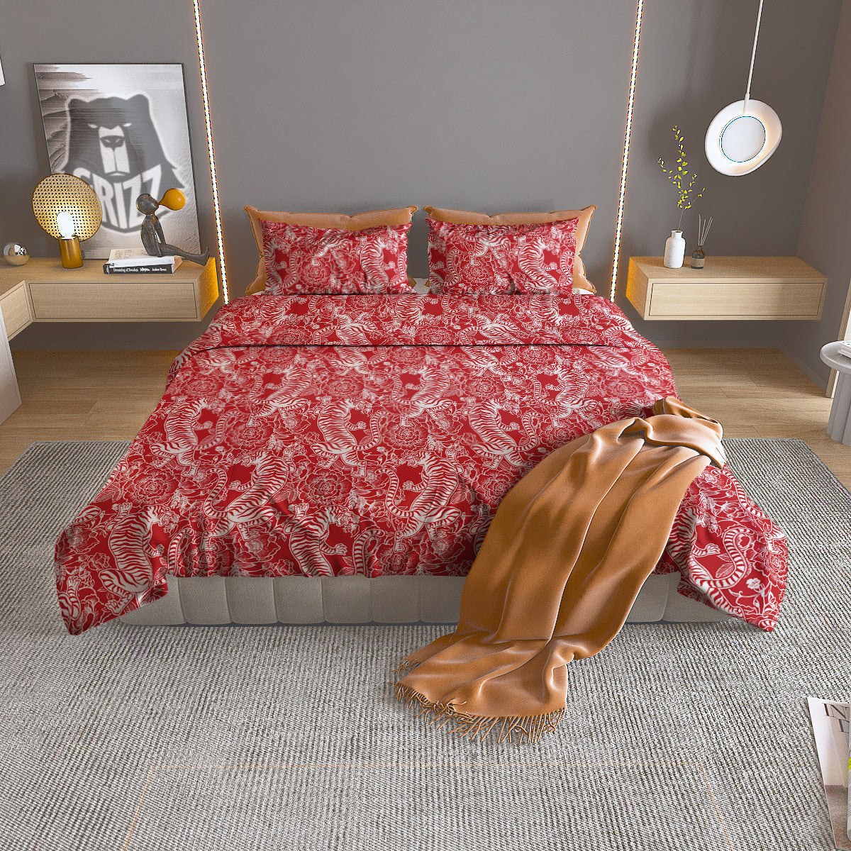 Red And White Chinese Tiger Print Pattern Duvet Cover Bedding Set