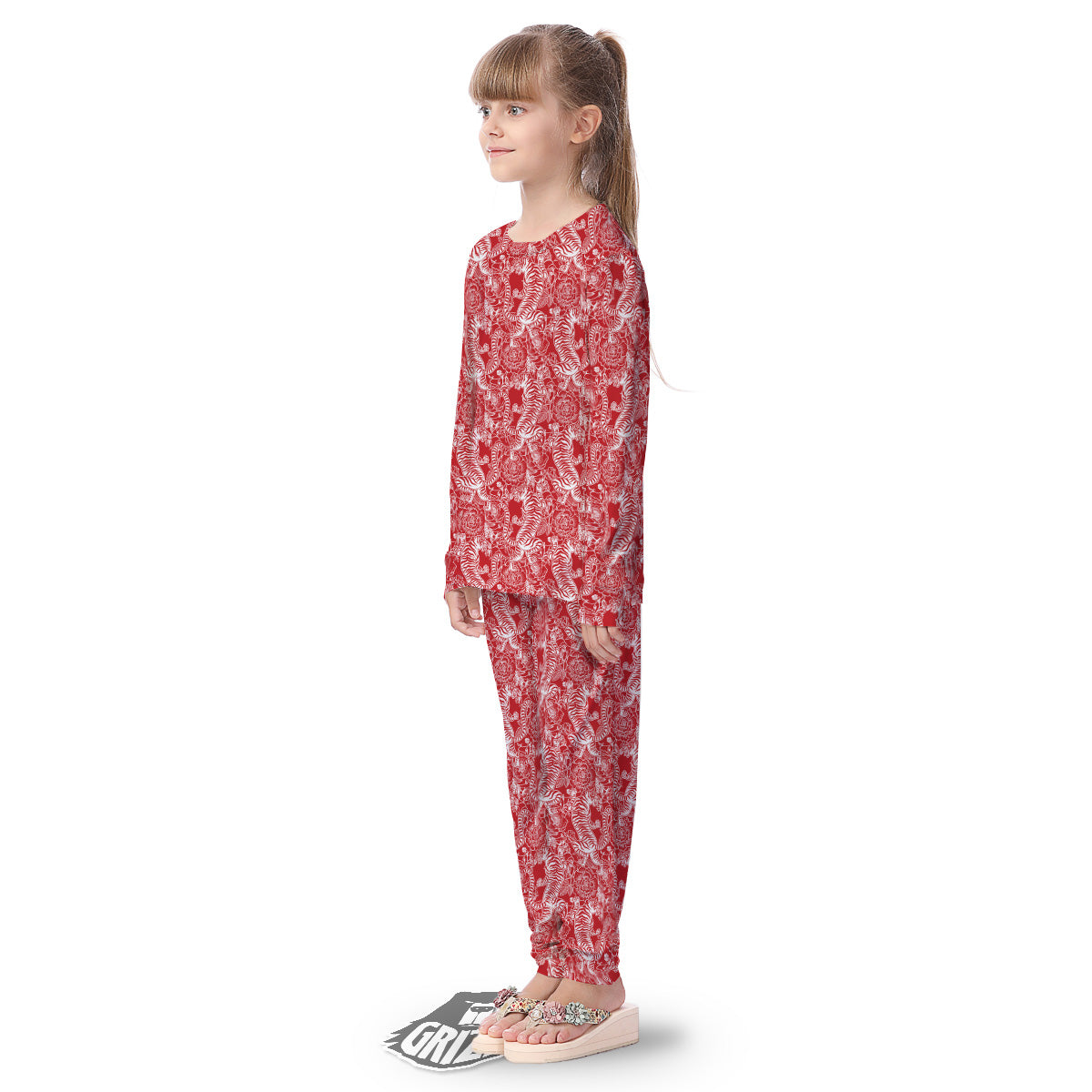 Red And White Chinese Tiger Print Pattern Kid's Pajamas-grizzshop