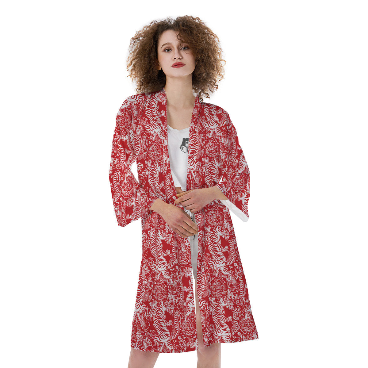 Red And White Chinese Tiger Print Pattern Kimono-grizzshop