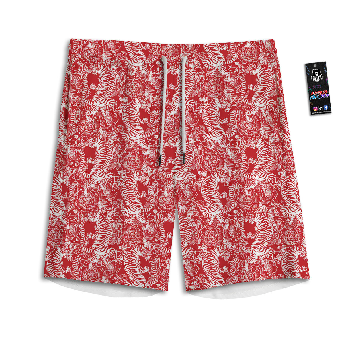 Red And White Chinese Tiger Print Pattern Men's Athletic Shorts