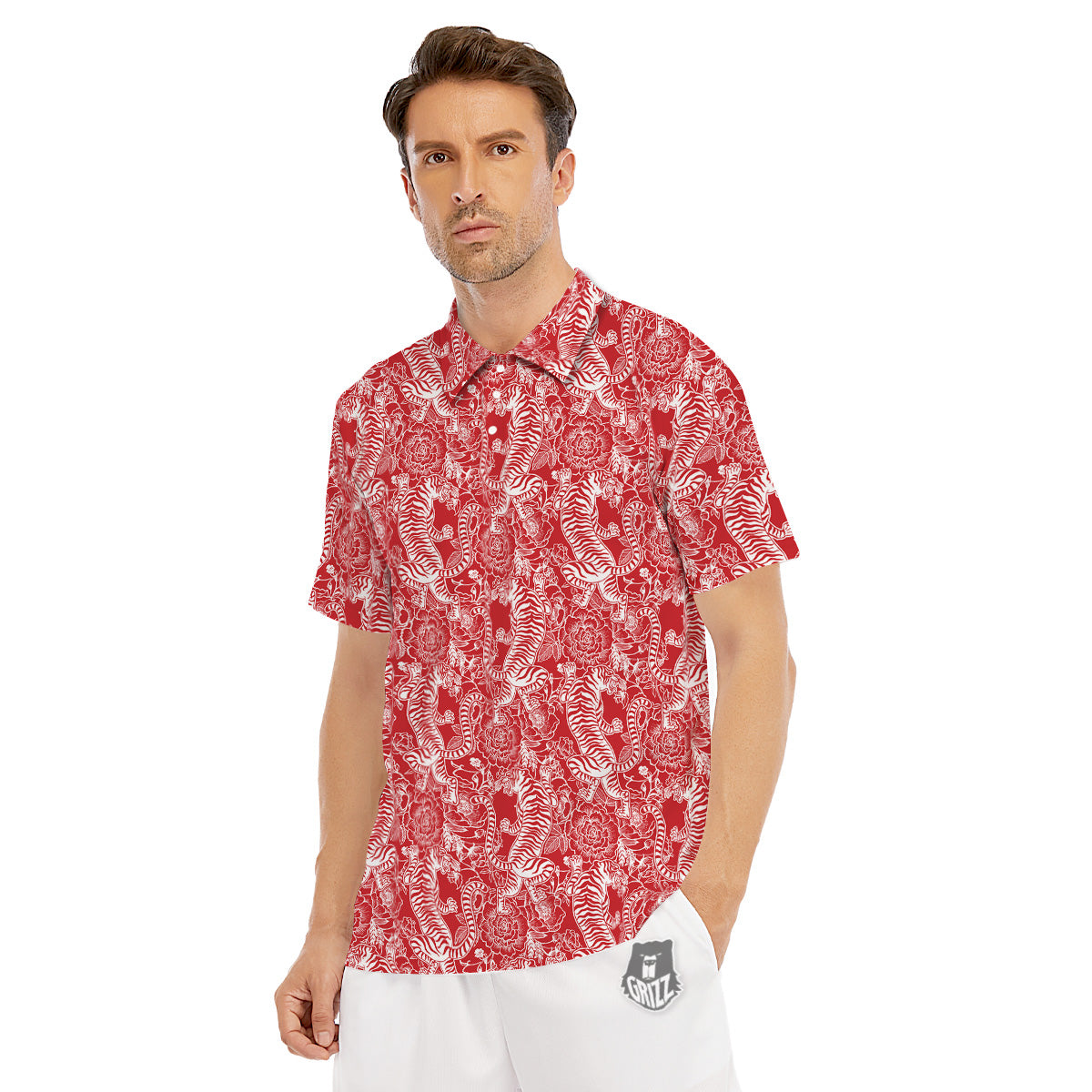 Red And White Chinese Tiger Print Pattern Men's Golf Shirts-grizzshop