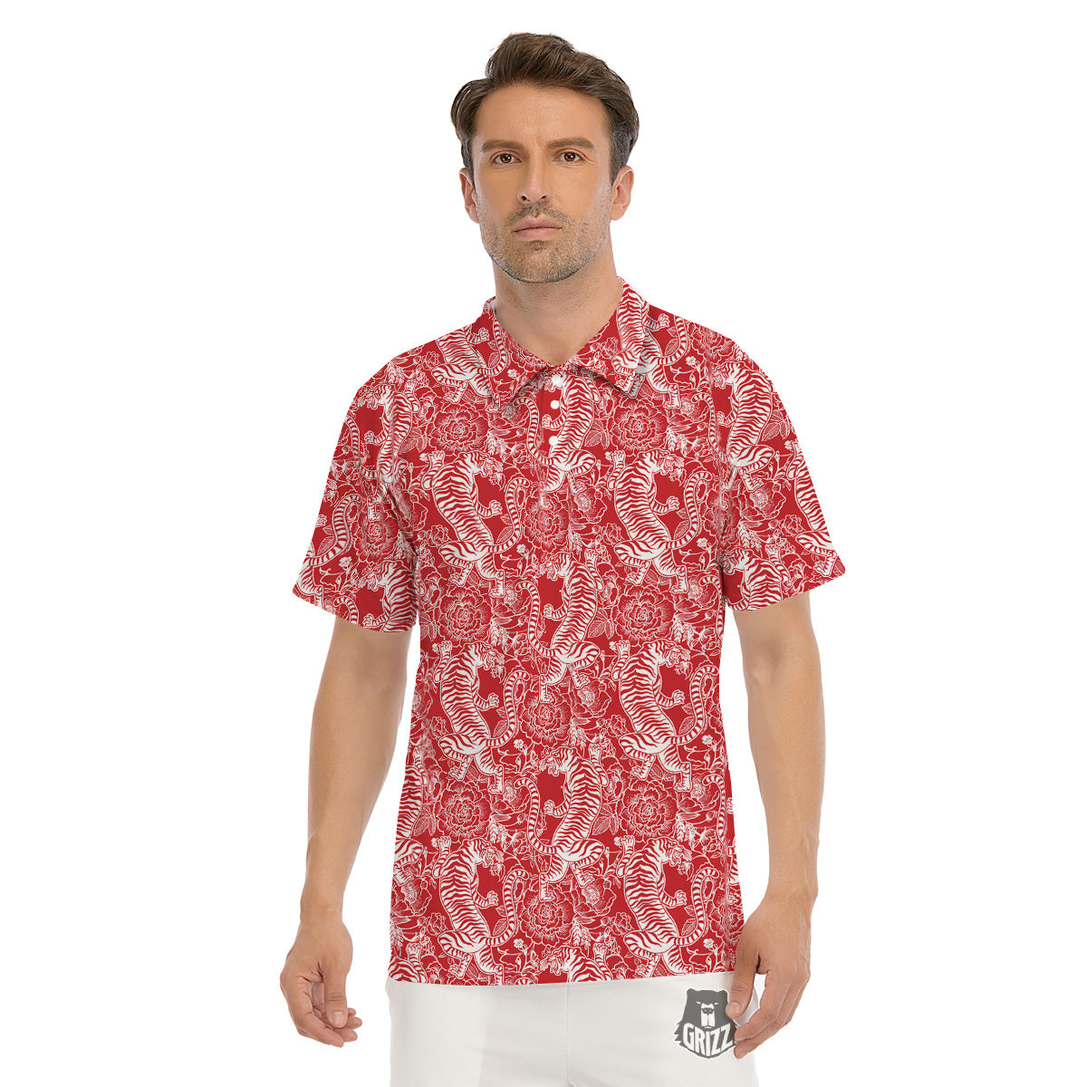 Red And White Chinese Tiger Print Pattern Men's Golf Shirts-grizzshop