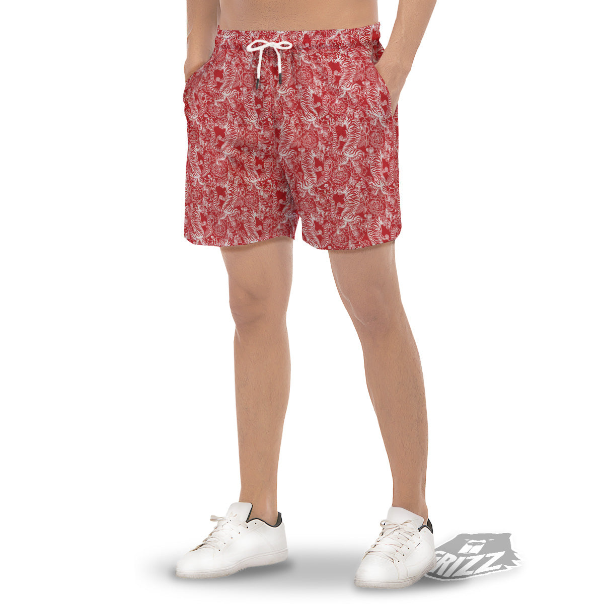 Red And White Chinese Tiger Print Pattern Men's Gym Shorts-grizzshop