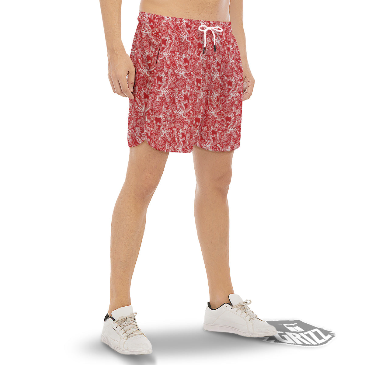 Red And White Chinese Tiger Print Pattern Men's Gym Shorts-grizzshop