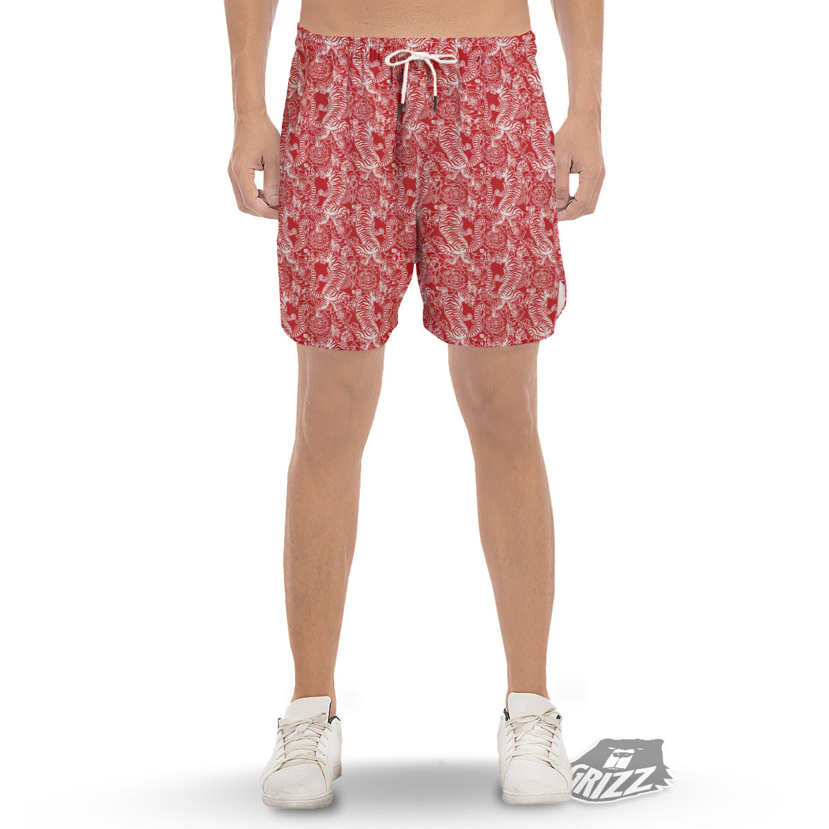 Red And White Chinese Tiger Print Pattern Men's Gym Shorts-grizzshop