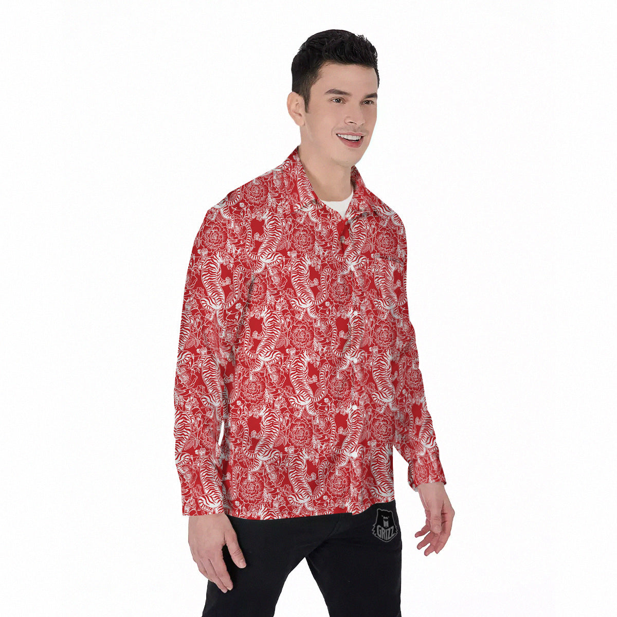 Red And White Chinese Tiger Print Pattern Men's Long Sleeve Shirts-grizzshop