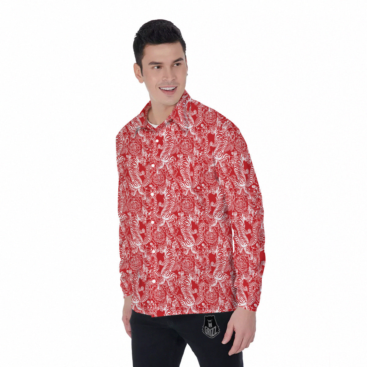 Red And White Chinese Tiger Print Pattern Men's Long Sleeve Shirts-grizzshop