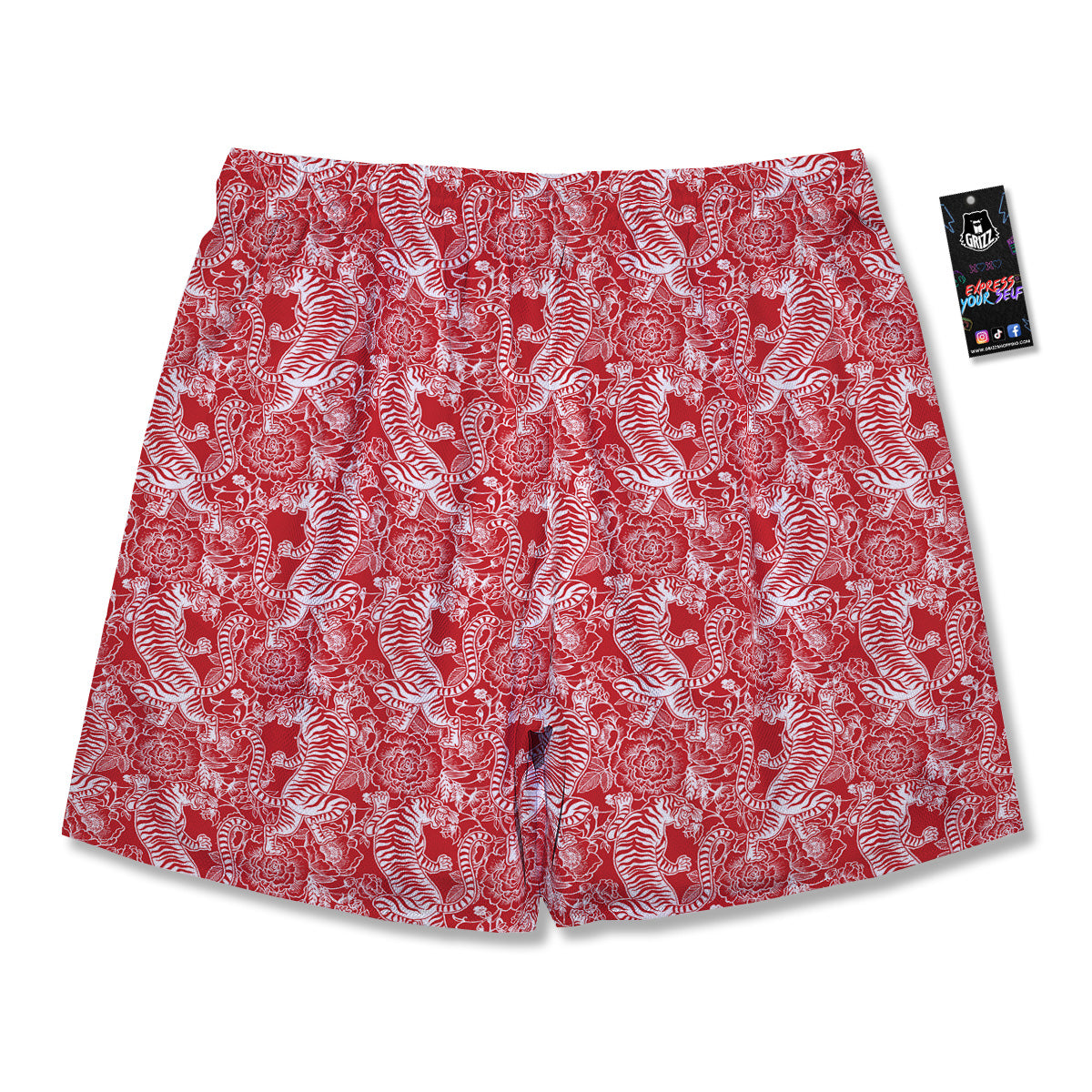 Red And White Chinese Tiger Print Pattern Men's Running Shorts-grizzshop