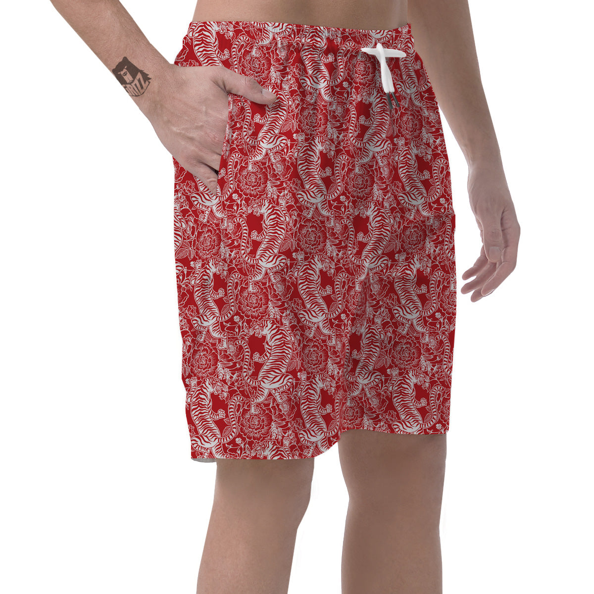 Red And White Chinese Tiger Print Pattern Men's Shorts-grizzshop