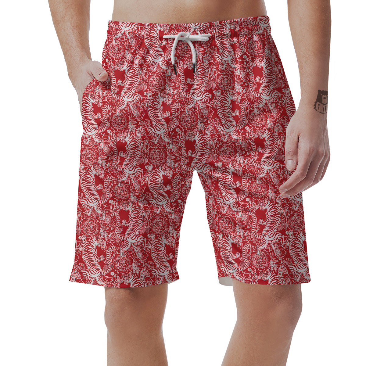 Red And White Chinese Tiger Print Pattern Men's Shorts-grizzshop