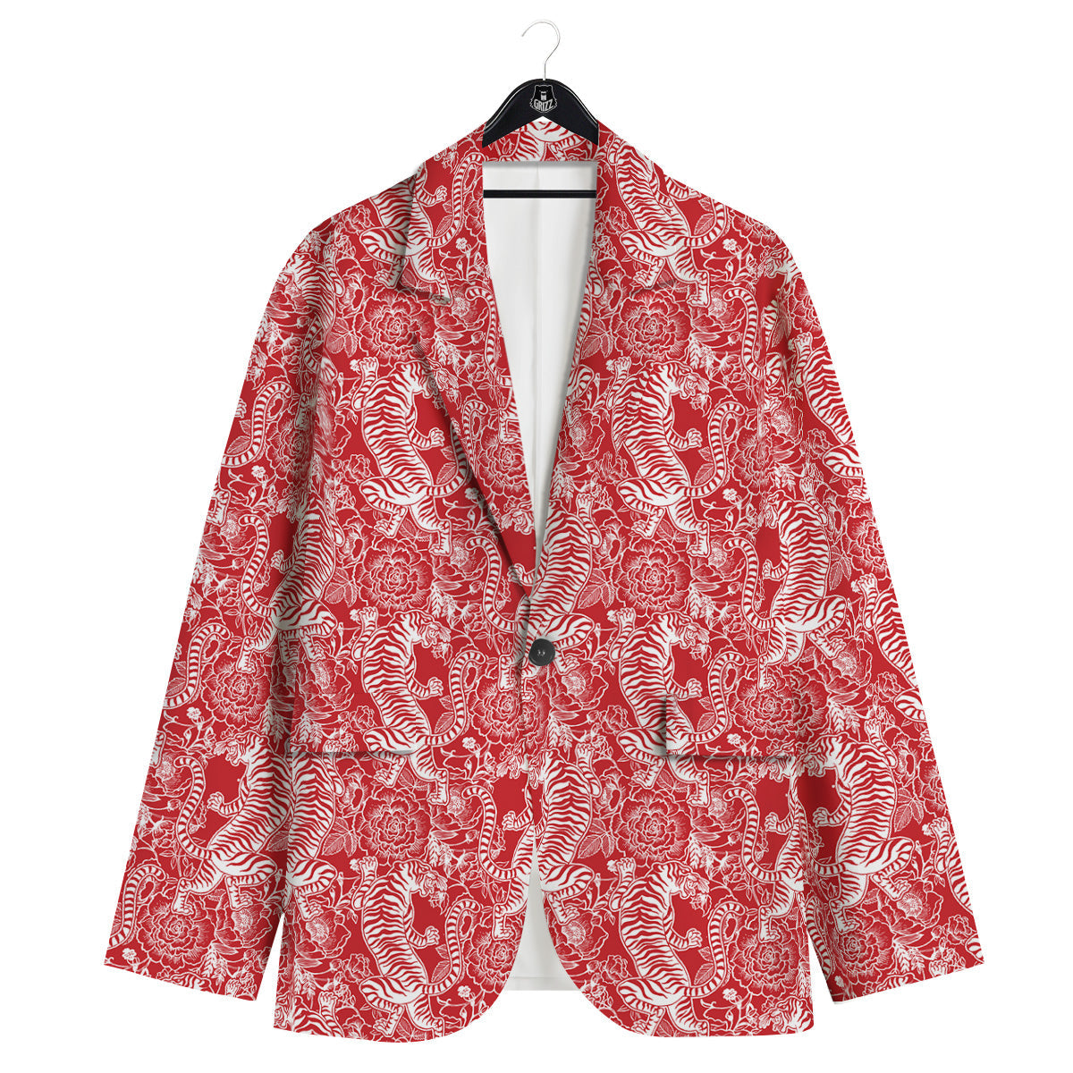 Red And White Chinese Tiger Print Pattern Men's Sport Coat-grizzshop