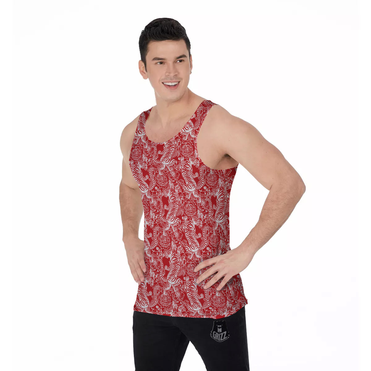 Red And White Chinese Tiger Print Pattern Men's Tank Top-grizzshop