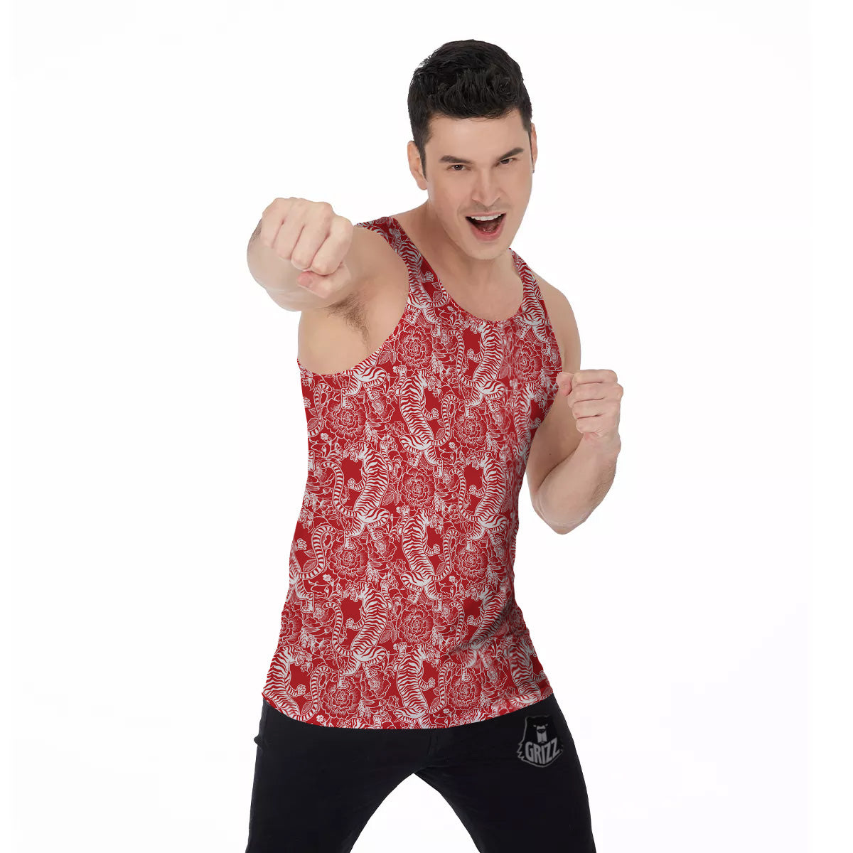 Red And White Chinese Tiger Print Pattern Men's Tank Top-grizzshop