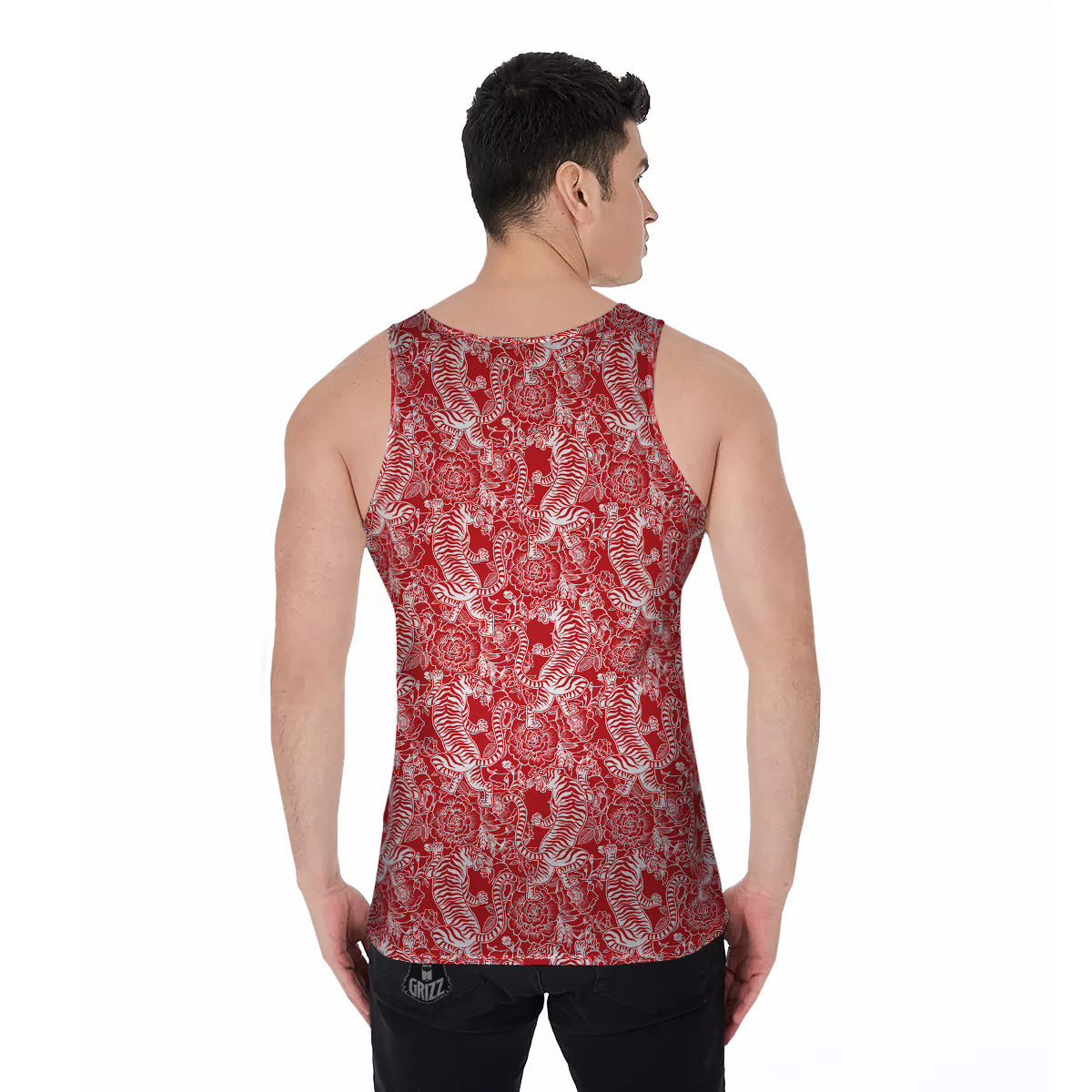 Red And White Chinese Tiger Print Pattern Men's Tank Top-grizzshop