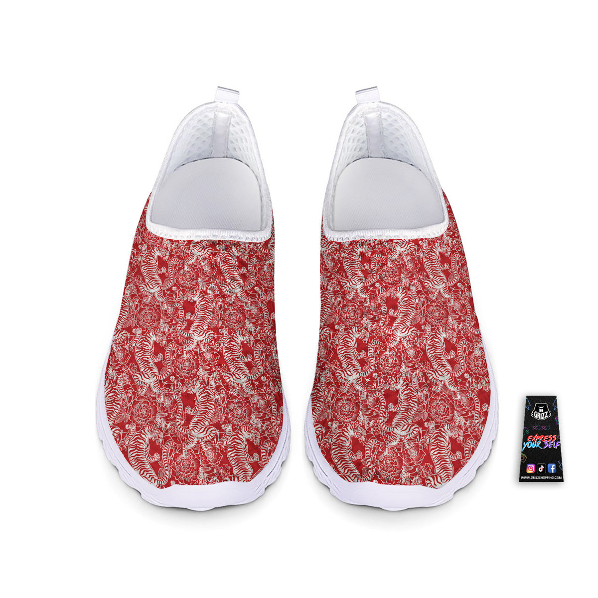 Red And White Chinese Tiger Print Pattern Nurse Shoes-grizzshop