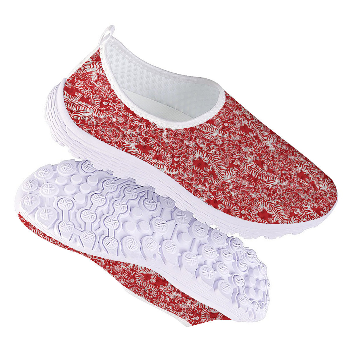Red And White Chinese Tiger Print Pattern Nurse Shoes-grizzshop