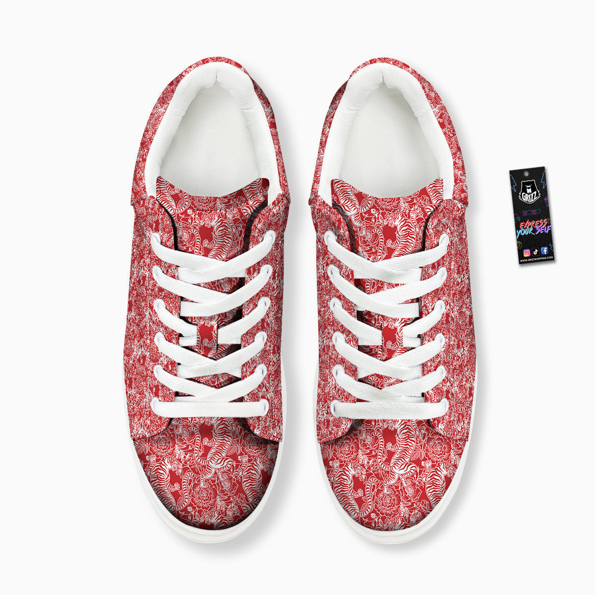 Red And White Chinese Tiger Print Pattern Platform Shoes-grizzshop