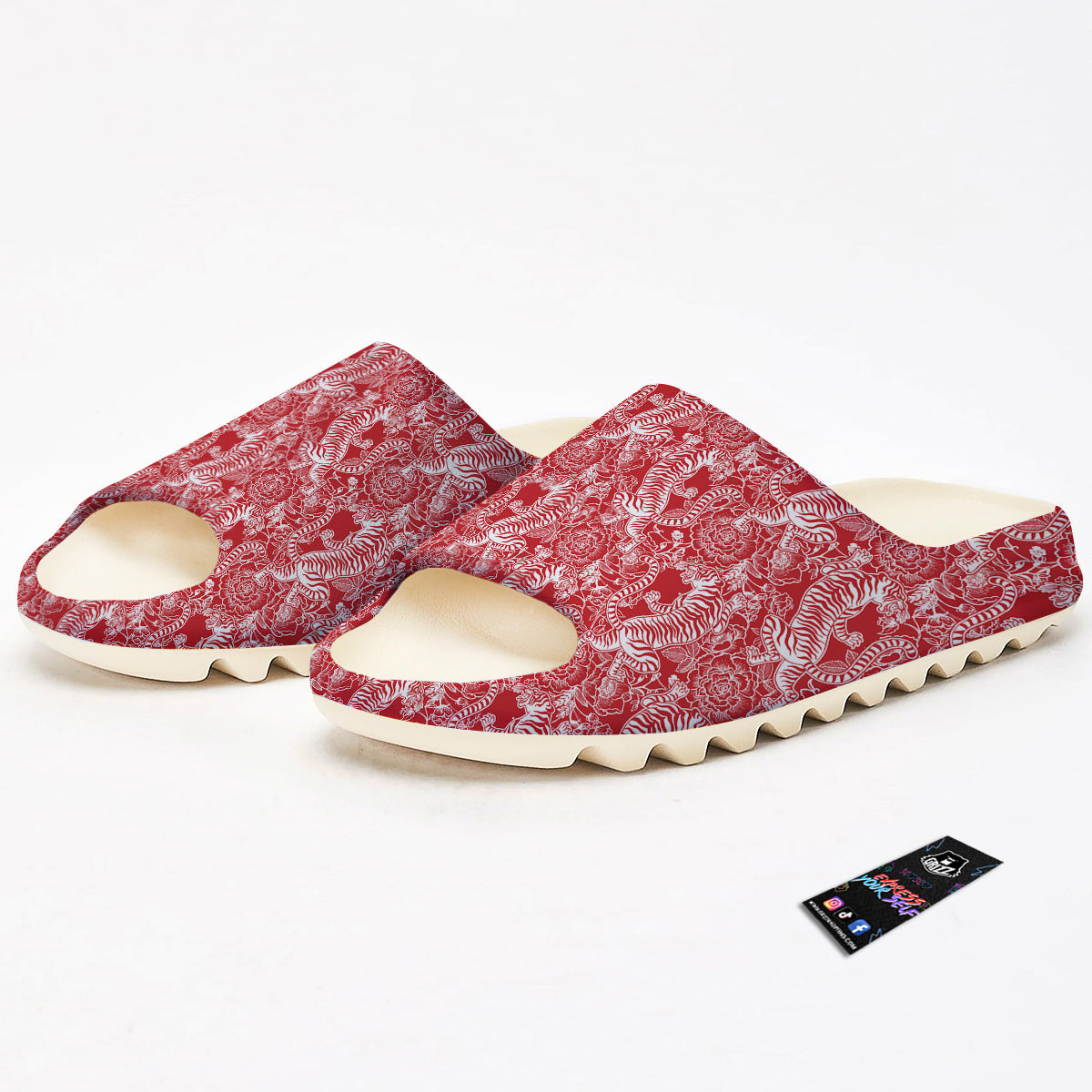 Red And White Chinese Tiger Print Pattern Sandals-grizzshop