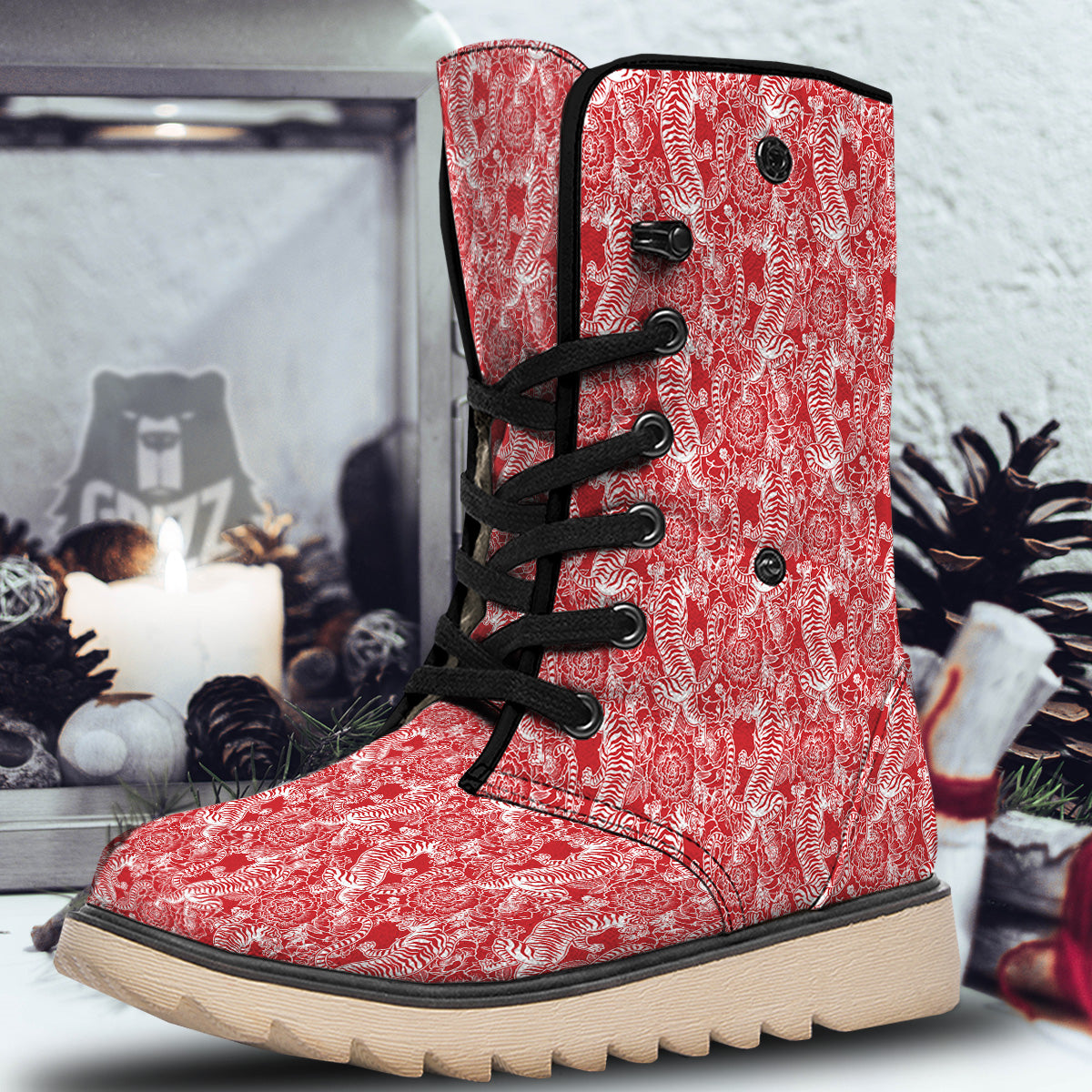 Red And White Chinese Tiger Print Pattern Snow Boots-grizzshop