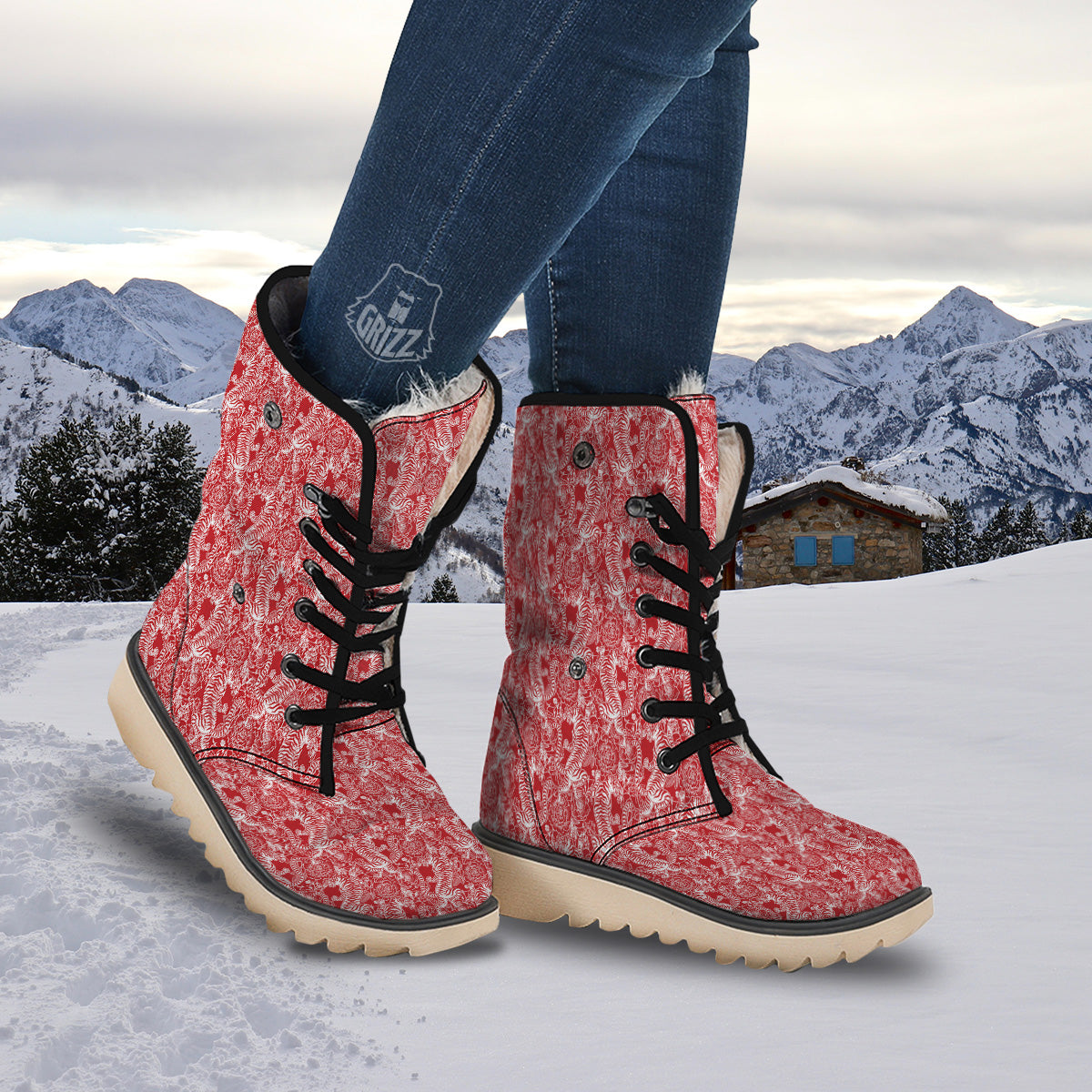 Red And White Chinese Tiger Print Pattern Snow Boots-grizzshop