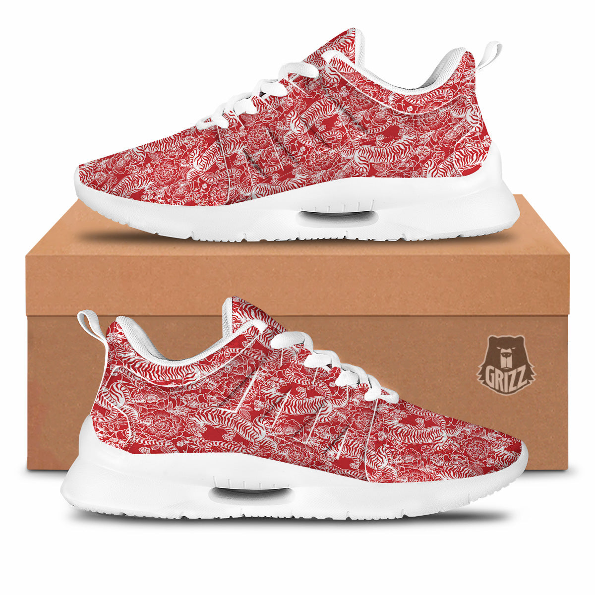 Red And White Chinese Tiger Print Pattern Tennis Shoes-grizzshop